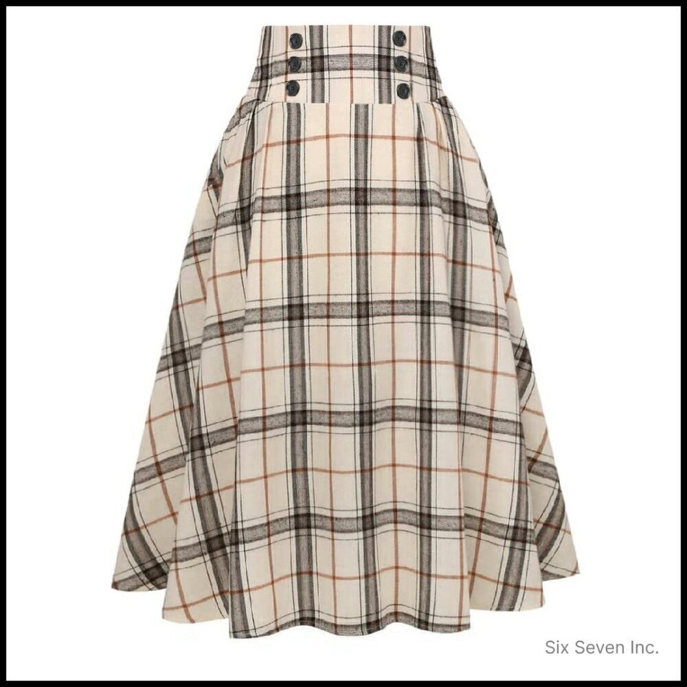 Plaid Midi Skirt High Waist A-Line Pleated Vintage Y2K Chic Casual - Picture 1 of 8